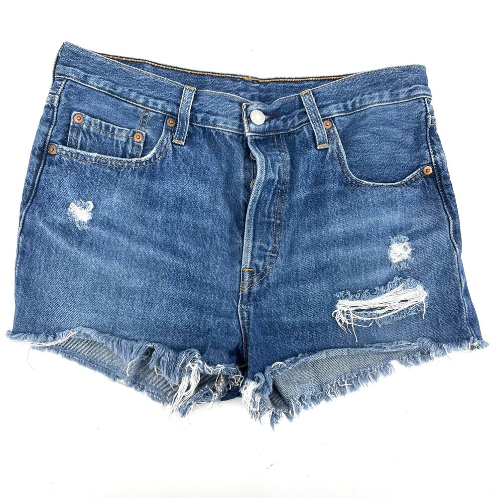 Levi's 501 Blue Button Fly Cut Off Denim Jean Shorts (29) Distressed Medium Wash